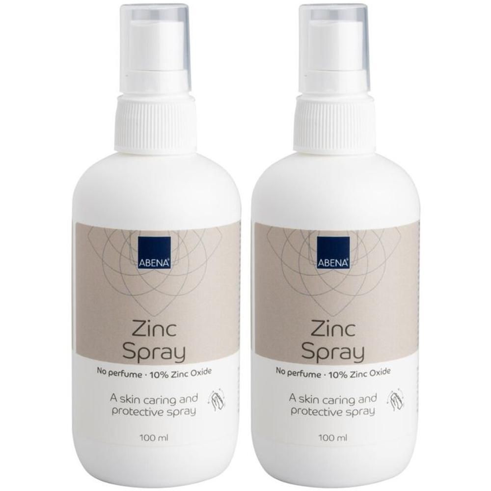 Zwei weiße Sprühflaschen mit Etikett. Aufschrift: ABENA, Zinc Spray, No perfume - 10% Zinc Oxide. 100 ml.