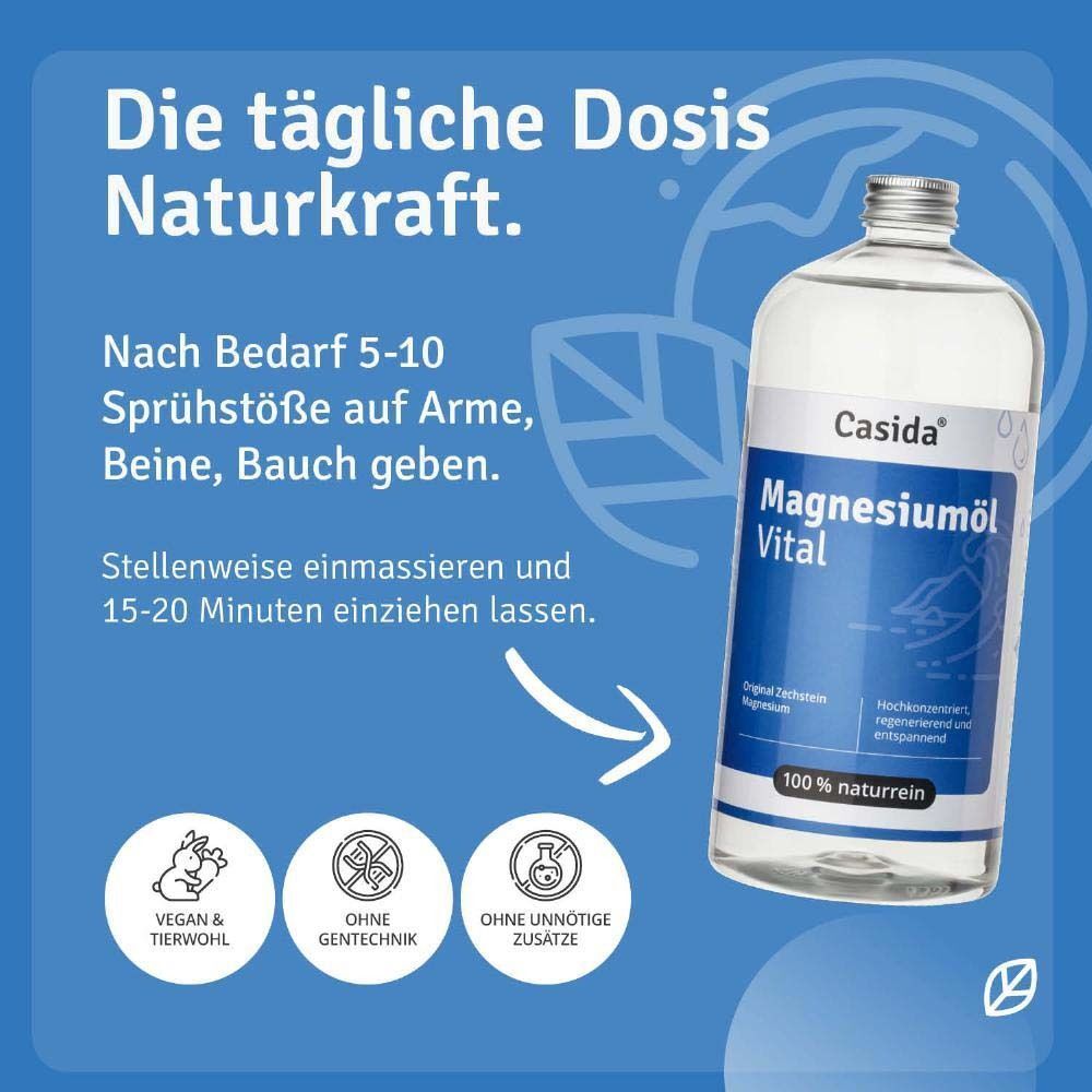 Flasche Magnesiumöl Vital mit Text. Anwendungshinweise: 5-10 Sprühstöße auf Arme, Beine, Bauch. Vegan & tierwohl, ohne Gentechnik.