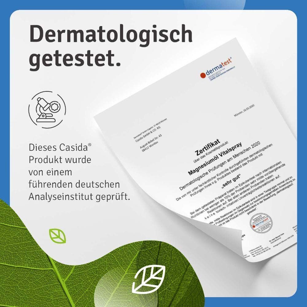 Dermatologisch getestet. Zertifikat: Magnesiumöl Vitalspray, dermatologische Prüfungen am Menschen 2020. Sehr gut.