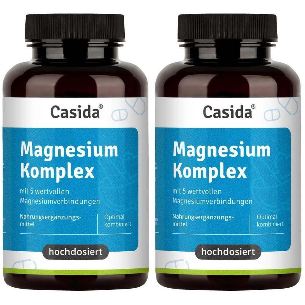 Zwei Flaschen Casida Magnesium Komplex. Braune Flaschen mit schwarzen Deckeln und weißen Etiketten. Text: Magnesium Komplex, hochdosiert.