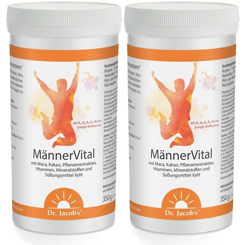 Zwei weiße Dosen mit orangefarbenen Etiketten. Aufschrift: MännerVital. Logo: Sonne. Inhalt: 350g.