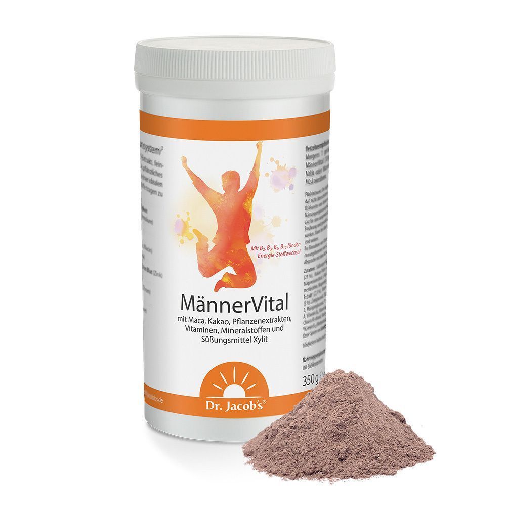Eine weiße Dose mit orangefarbenem Etikett. Aufschrift: MännerVital. Logo: Sonne. Daneben: braunes Pulver.