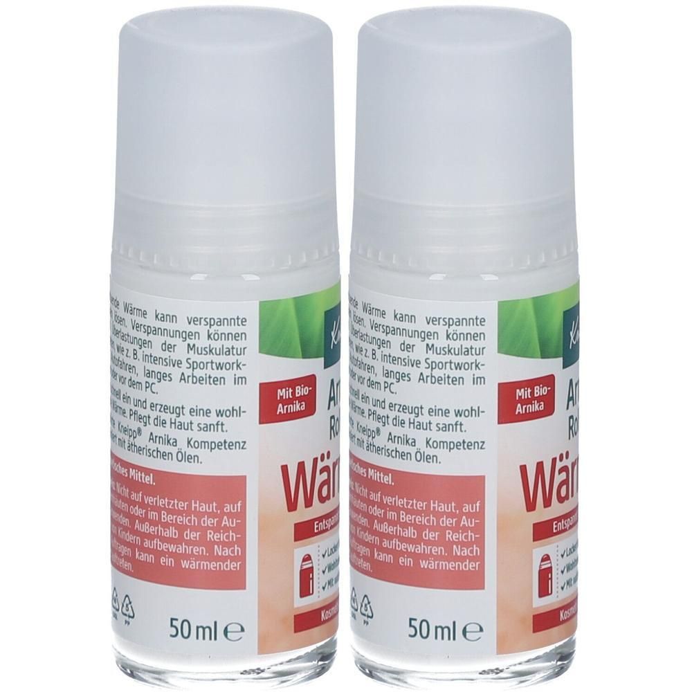Zwei weiße Roll-on-Flaschen mit weißem Deckel. Aufschrift: Arnika, wärmend. Mit Bio-Arnika. 50 ml.