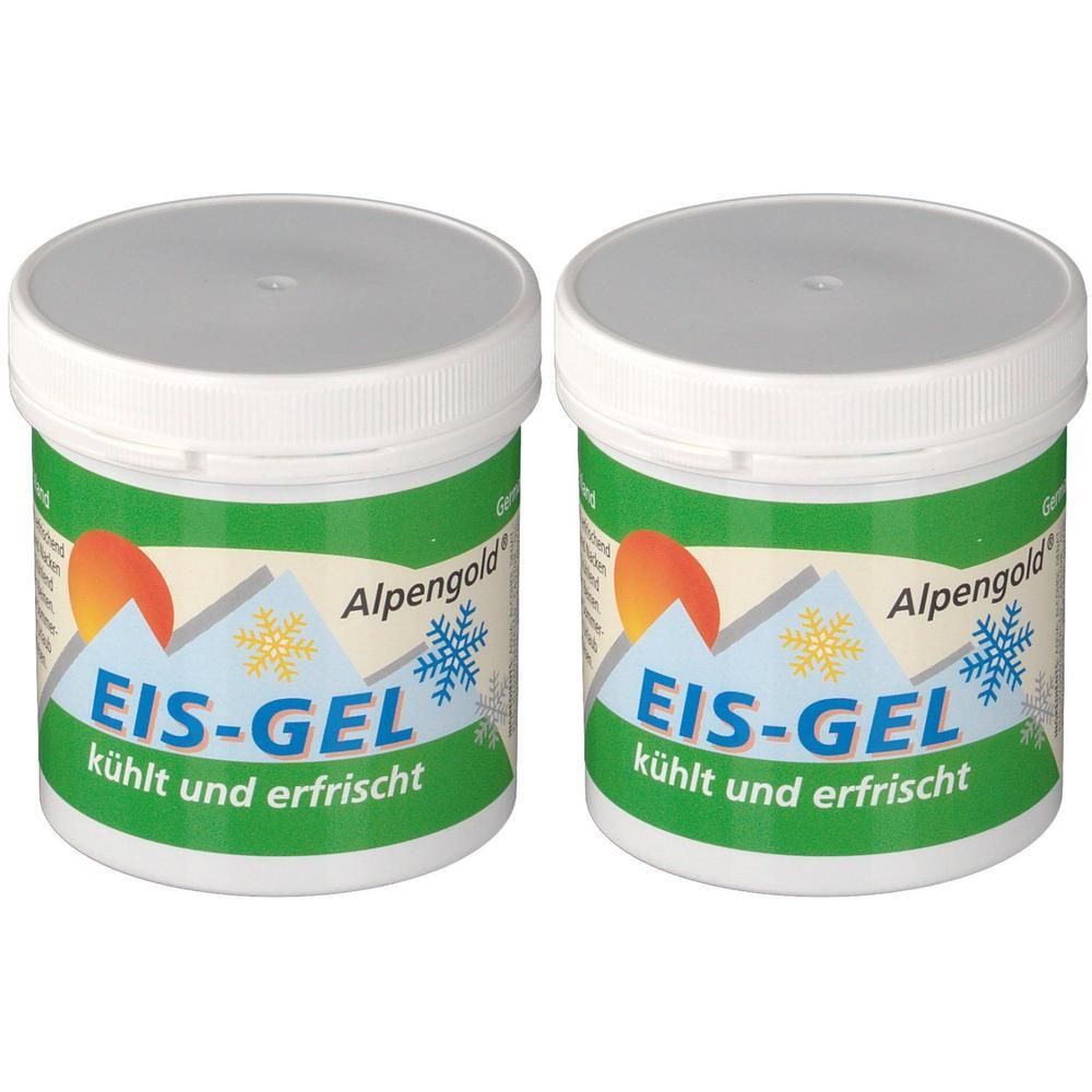 Zwei weiße Tiegel mit Deckel. Aufschrift: EIS-GEL, Alpengold. Grün-gelbes Etikett mit Sonne und Schneeflocke.