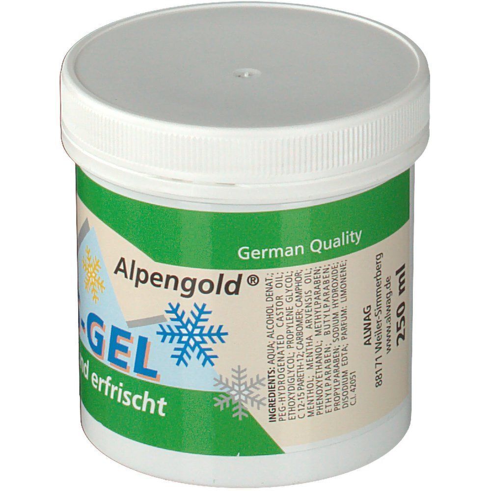Weißer Tiegel mit Deckel. Aufschrift: EIS-GEL, Alpengold. Grün-gelbes Etikett mit Sonne und Schneeflocke. 250 ml.