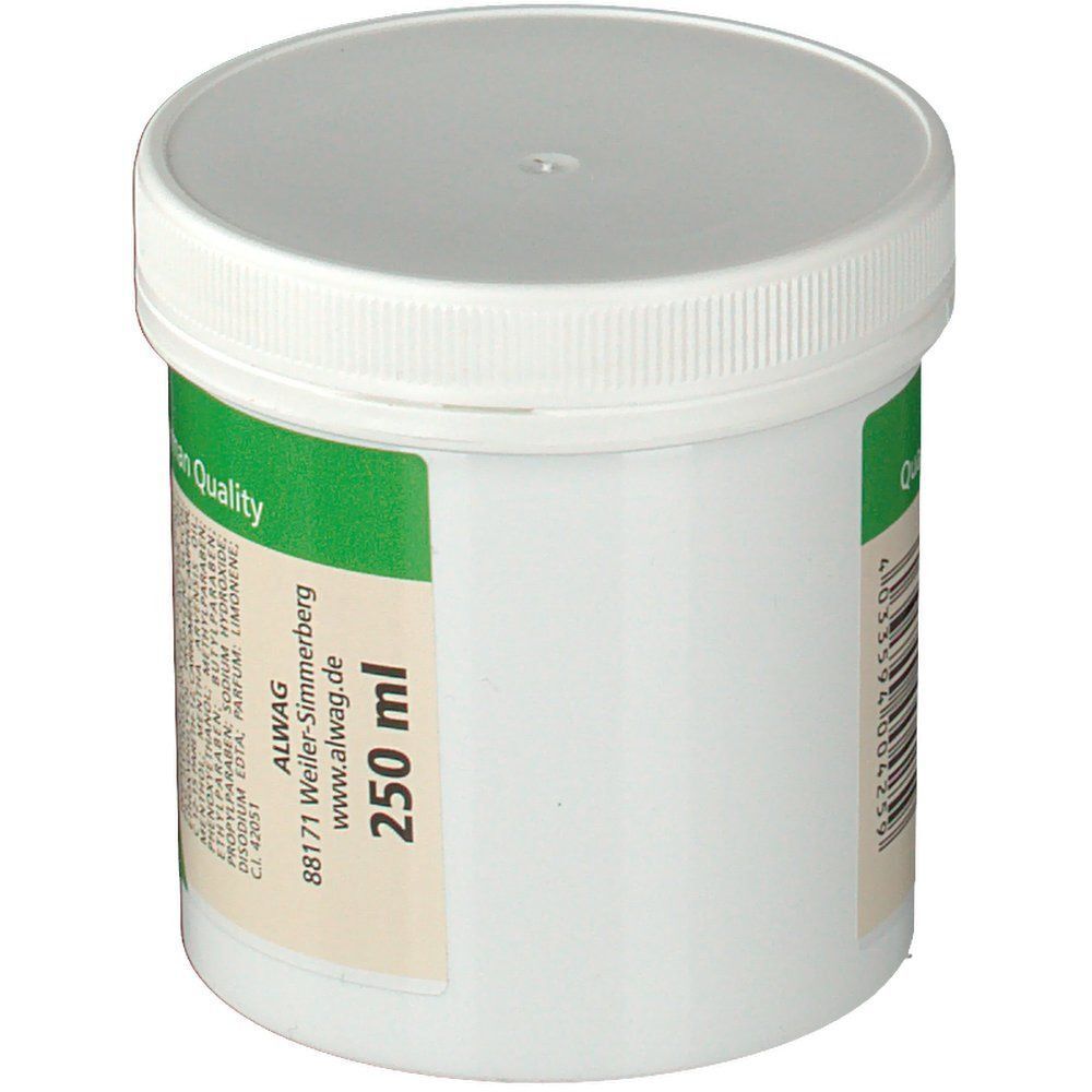 Weißer Tiegel mit Deckel. Etikett mit Inhaltsstoffen und Herstellerinformationen. 250 ml.