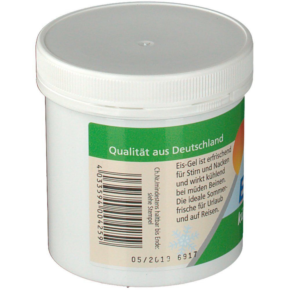 Weißer Tiegel mit Deckel. Etikett mit Text: Qualität aus Deutschland. Barcode und Mindesthaltbarkeitsdatum.