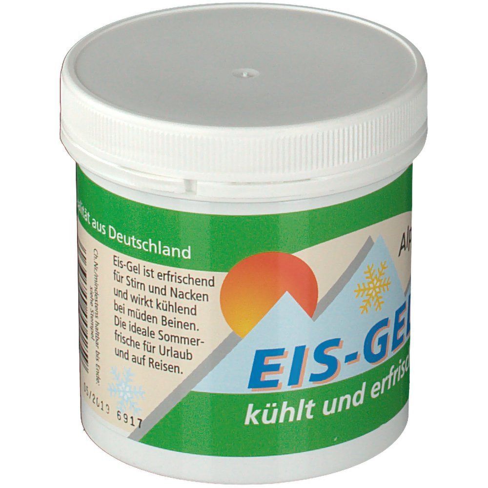 Weißer Tiegel mit Deckel. Aufschrift: EIS-GEL, Alpengold. Grün-gelbes Etikett mit Sonne und Schneeflocke. Text: Qualität aus Deutschland.