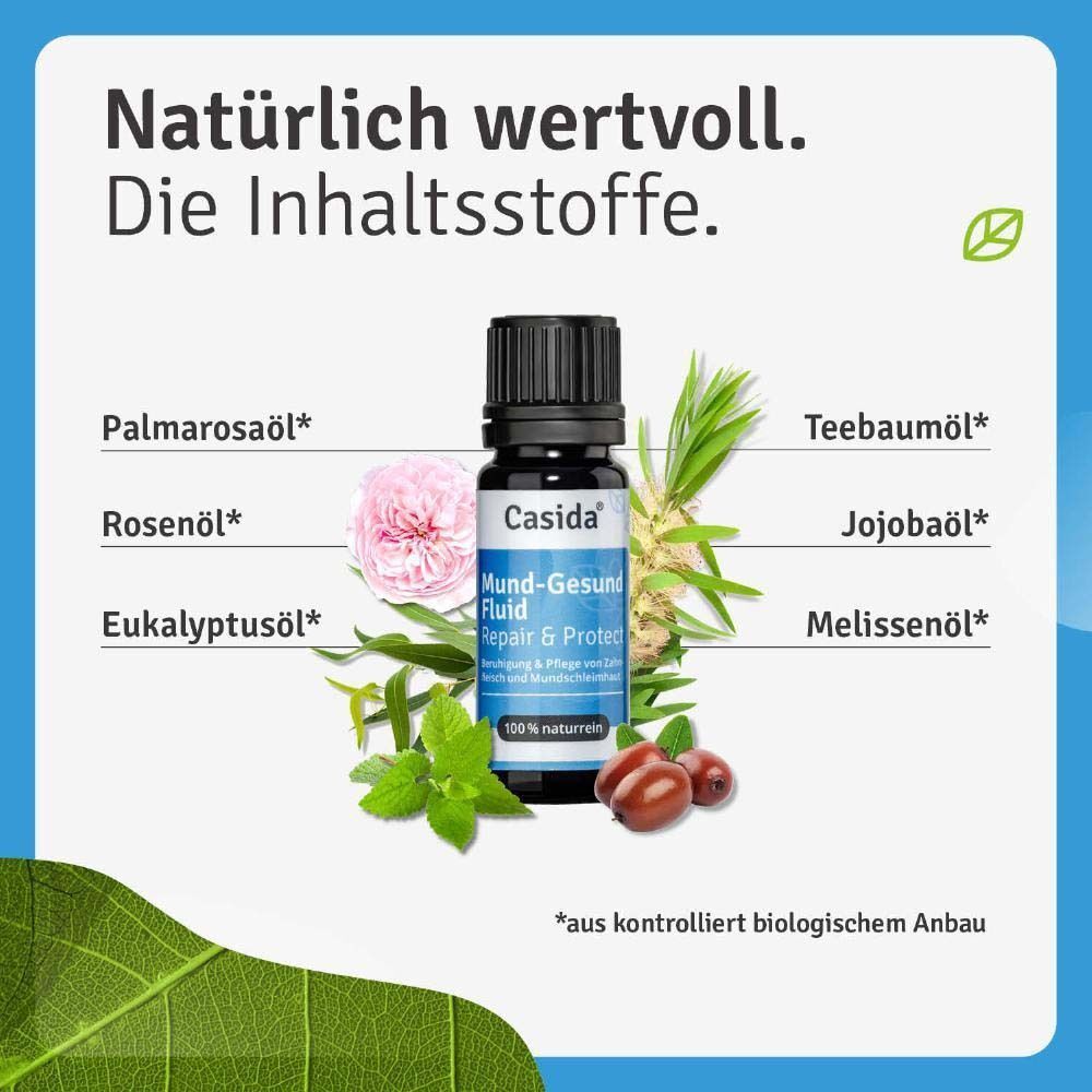 Eine Flasche Mund-Gesund Fluid mit Inhaltsstoffen: Palmarosaöl, Rosenöl, Eukalyptusöl, Teebaumöl, Jojobaöl, Melissenöl.