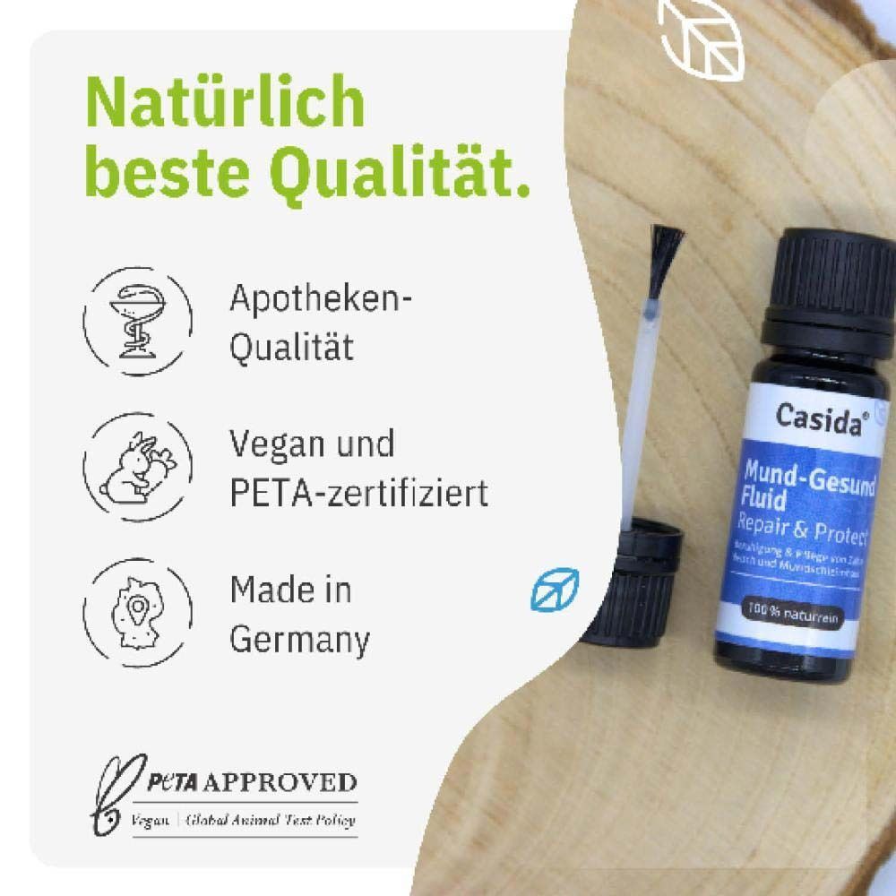 Flasche Mund-Gesund Fluid mit Pinsel. Apotheken-Qualität, vegan und PETA-zertifiziert, Made in Germany. PETA-Logo.