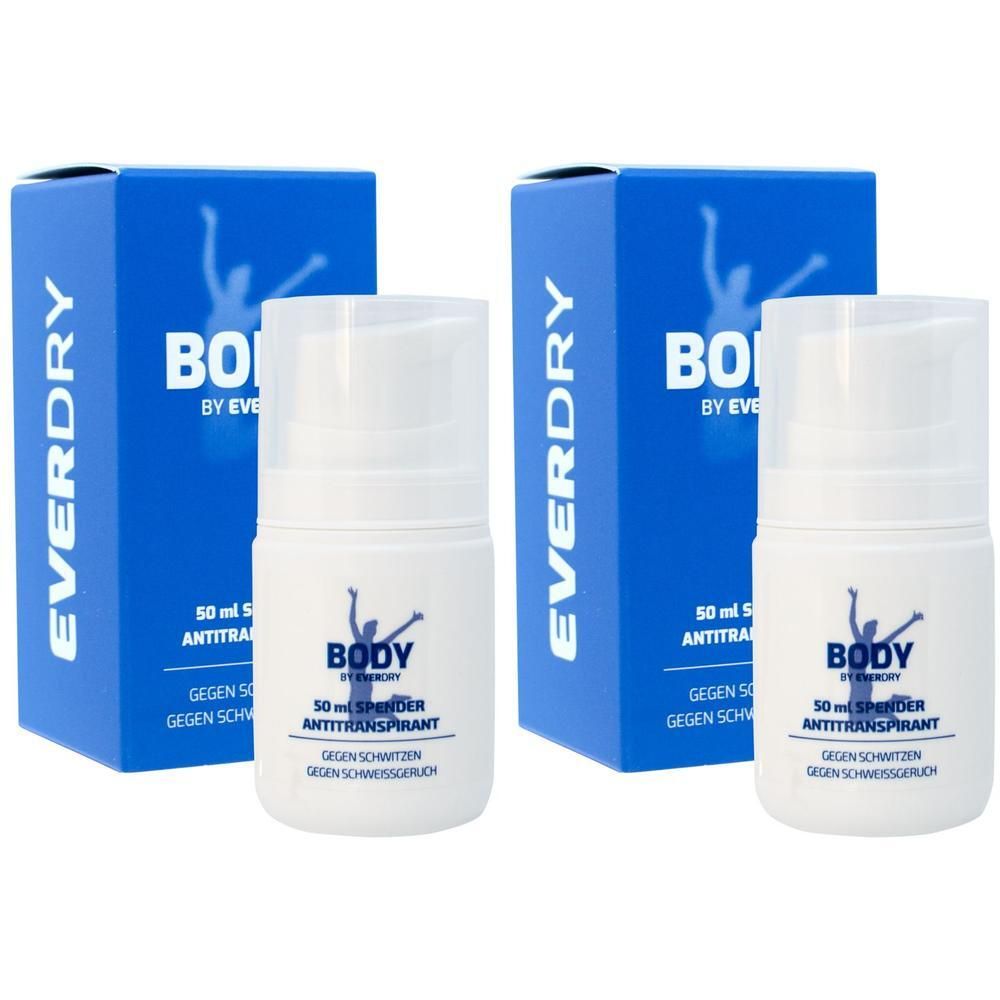 Zwei weiße Roll-on-Flaschen und blaue Kartons. Auf den Flaschen steht "BODY" und "ANTITRANSPIRANT". Die Kartons tragen den Schriftzug "EVERDRY".