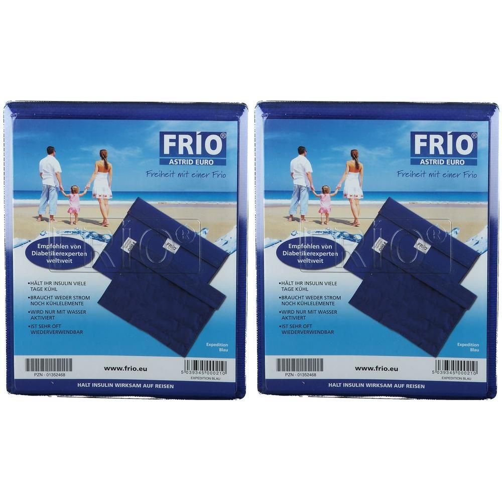 Zwei blaue Verpackungen mit dem Logo FRIO. Auf jeder Verpackung ist ein Produkt abgebildet. Text: Empfohlen von Diabetikerexperten weltweit.