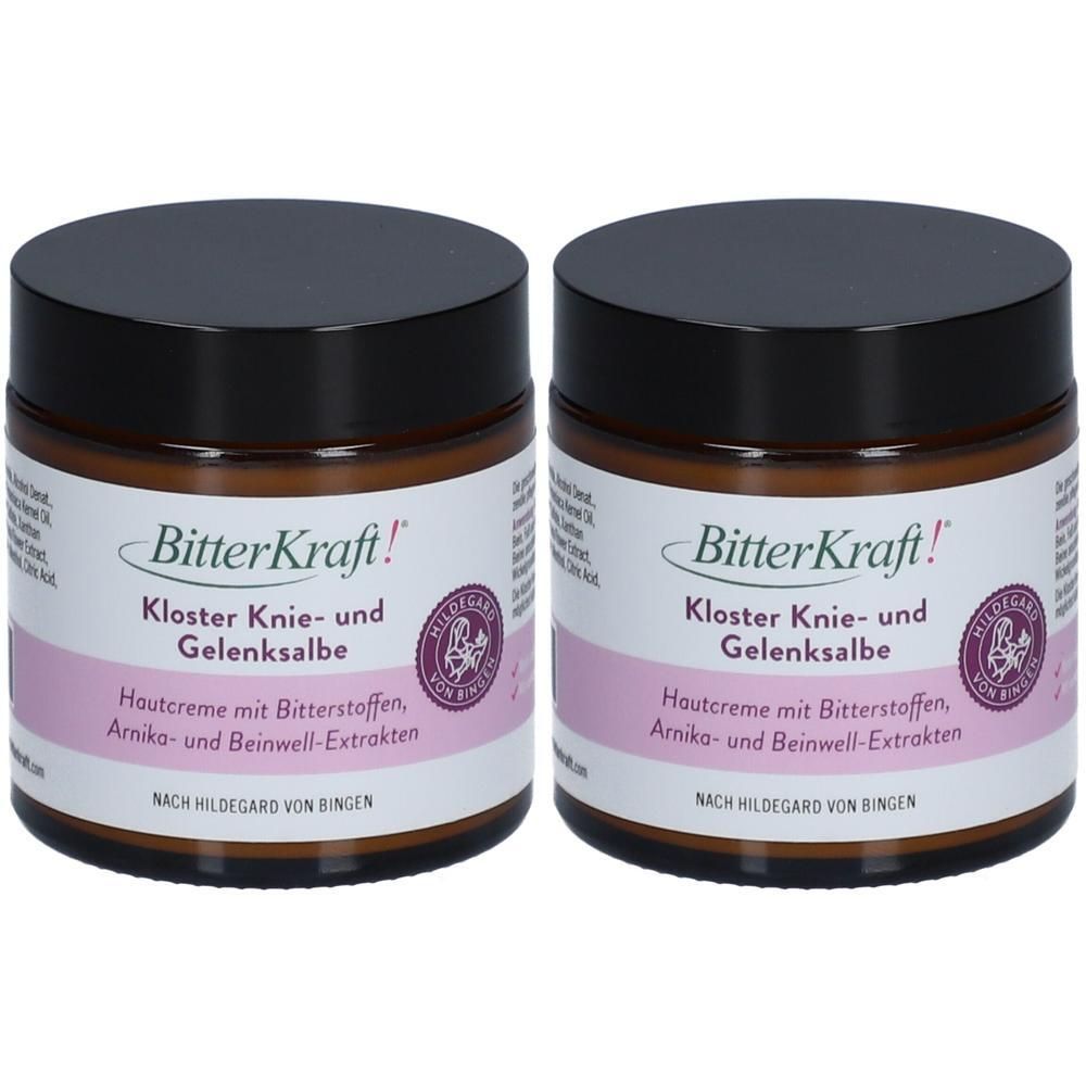 Zwei braune Tiegel mit schwarzem Deckel. Auf den Etiketten steht "BitterKraft! Kloster Knie- und Gelenksalbe".