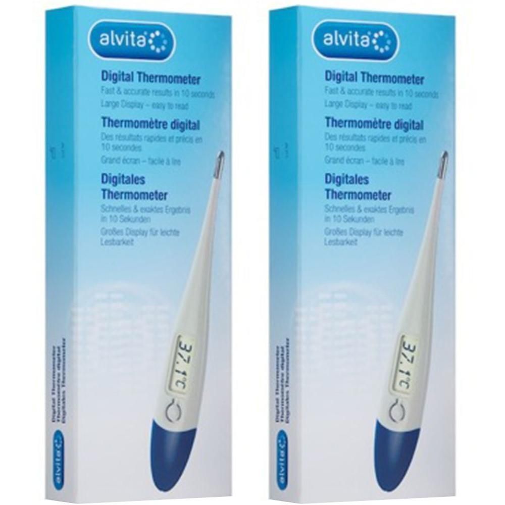 Zwei digitale Fieberthermometer in Verpackung. Weiß-blaues Design. Anzeige: 37,1°C. Marke: alvita.