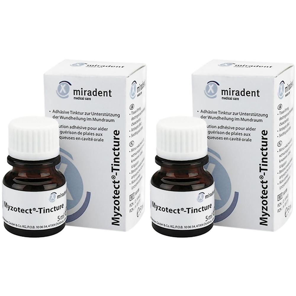 Zwei Fläschchen und zwei Schachteln. Auf den Fläschchen steht "Myzotect®-Tincture". Die Schachteln tragen das Logo "miradent".