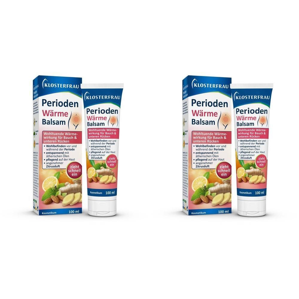 Zwei Packungen und Tuben KLOSTERFRAU Perioden Wärme Balsam. Produktverpackung mit Text und Illustrationen.