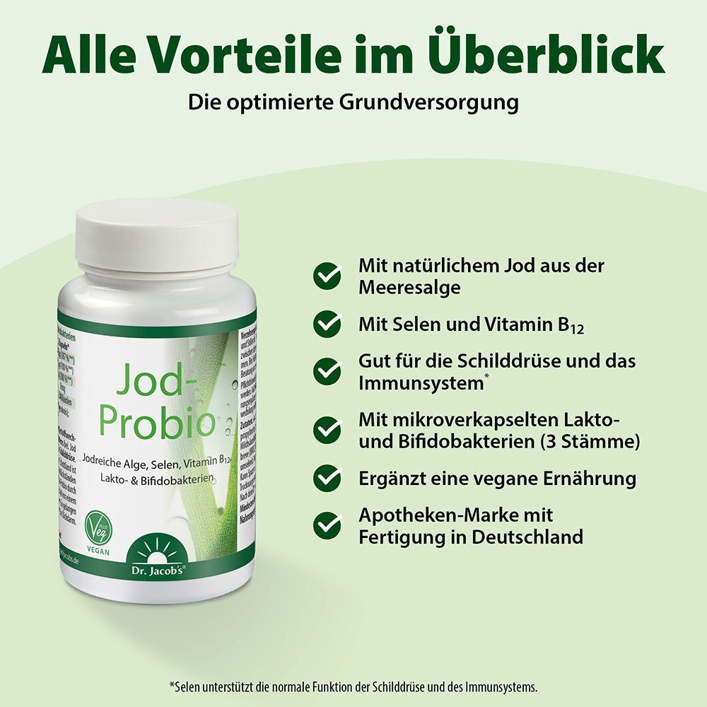 Eine weiße Flasche mit grünem Etikett und Text. Aufschrift: Jod-Probio, Jodreiche Alge, Selen, Vitamin B12, Lakto- & Bifidobakterien. Vorteile im Überblick.