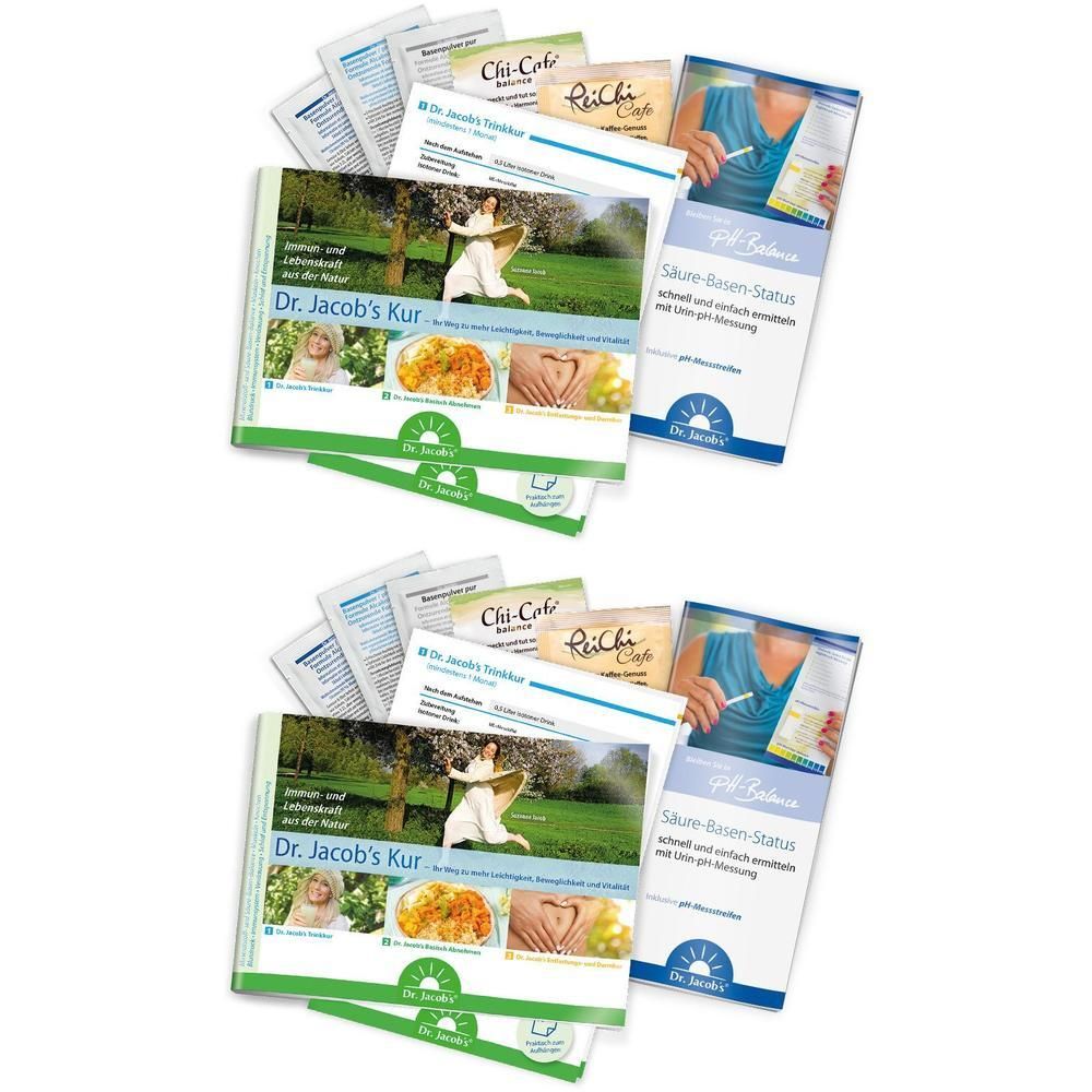 Mehrere Produktpakete mit Broschüren und Proben. Enthält Chi-Cafe, Basenpulver und pH-Teststreifen. Verpackung mit Produktnamen.