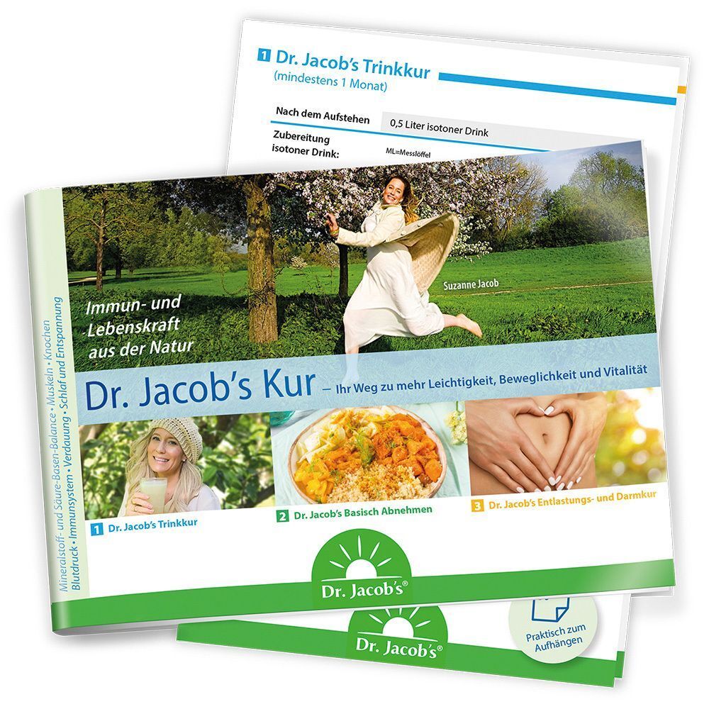 Offene Broschüre mit Informationen zur Dr. Jacob's Trinkkur. Enthält Bilder und Text. Der Produktname ist deutlich sichtbar.