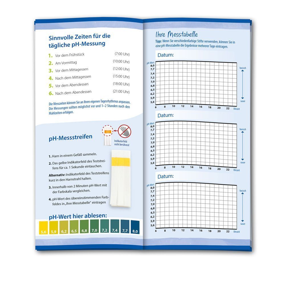 Doppelseitige Broschüre mit Informationen zur pH-Messung. Enthält Tabellen und Anweisungen zur täglichen Messung.