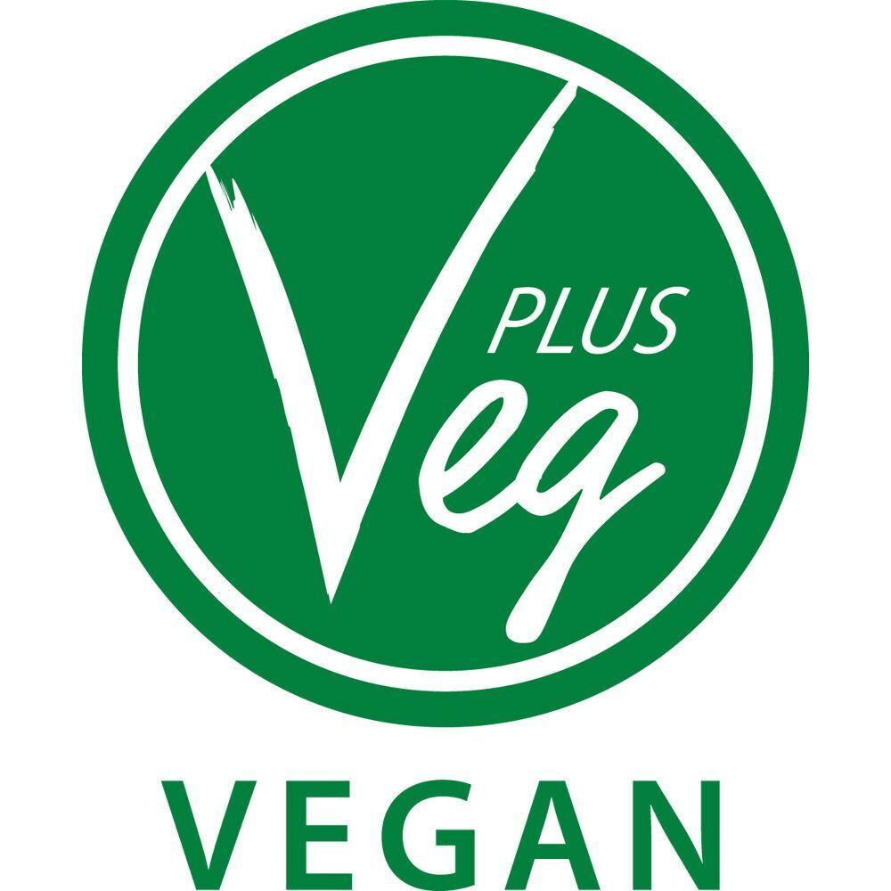 Rundes Logo mit grünem Hintergrund. Text: Veg Plus Vegan.