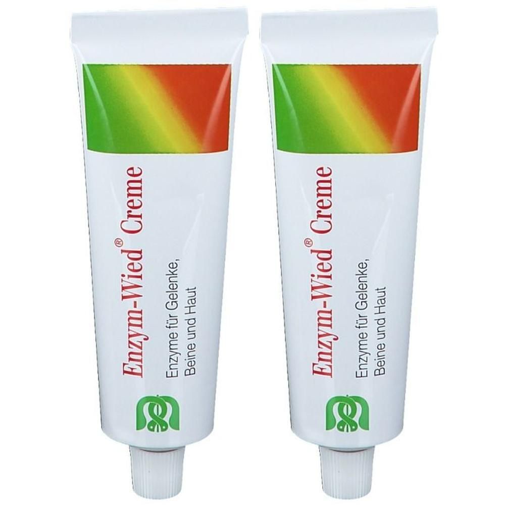 Zwei Tuben Enzym-Wied Creme. Weiße Tuben mit farbigem Streifen und roter Schrift. Aufschrift: Enzyme für Gelenke, Beine und Haut.