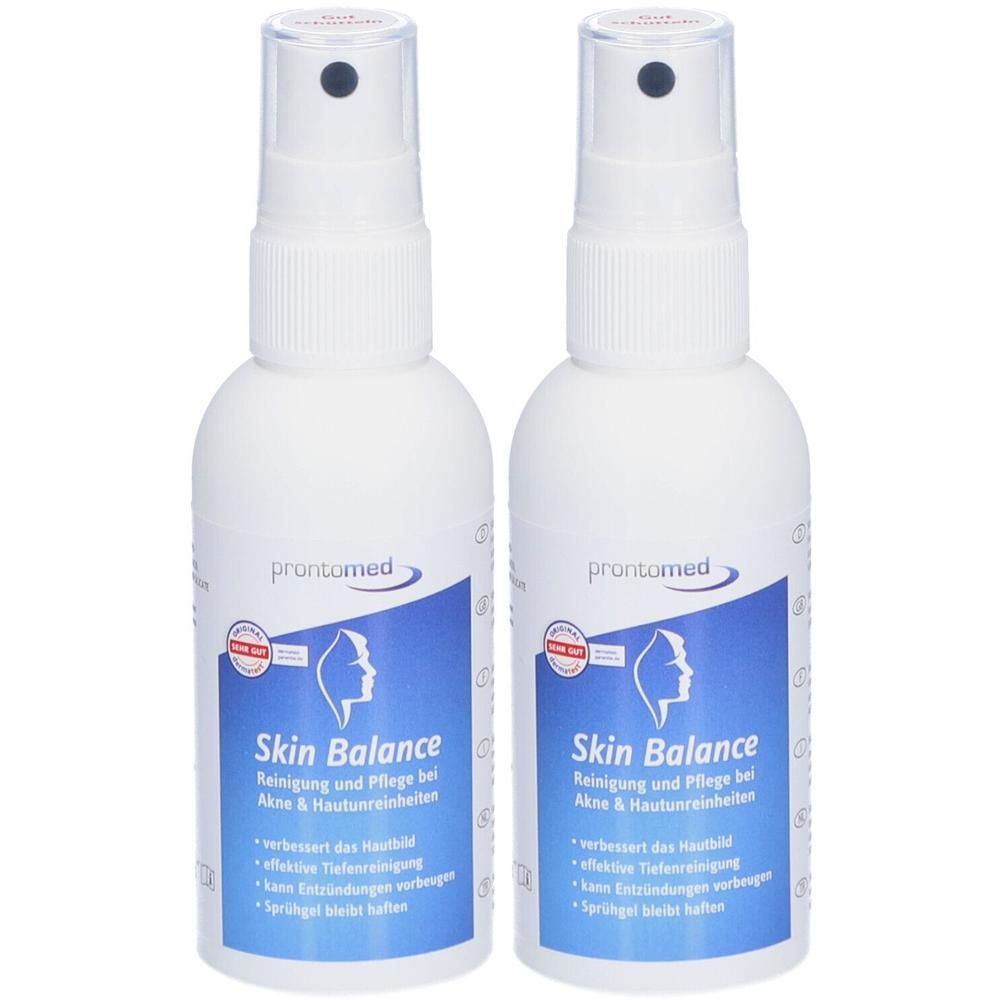 Zwei weiße Sprühflaschen mit blauem Etikett. Aufschrift: Skin Balance, prontomed. Mit Sprühkopf.