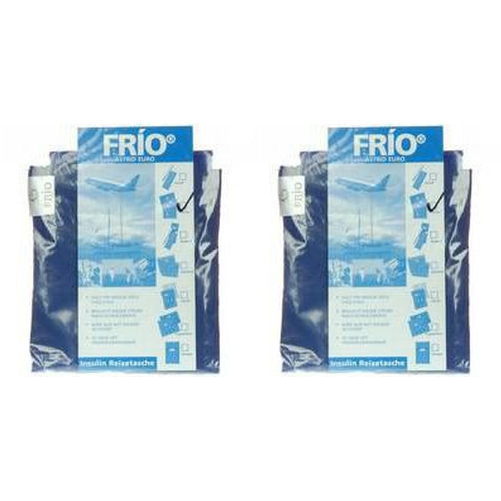 Zwei blaue Kühltaschen mit dem Logo FRIO. Auf der Verpackung sind ein Flugzeug und Piktogramme abgebildet. Text: Insulin Reisetasche.