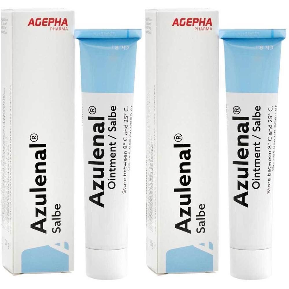 Zwei Tuben und Schachteln AZULENAL Salbe. Weiße Tuben mit blauem Verschluss, in weißen Schachteln. Aufschrift: AZULENAL Salbe, Ointment/Salbe.