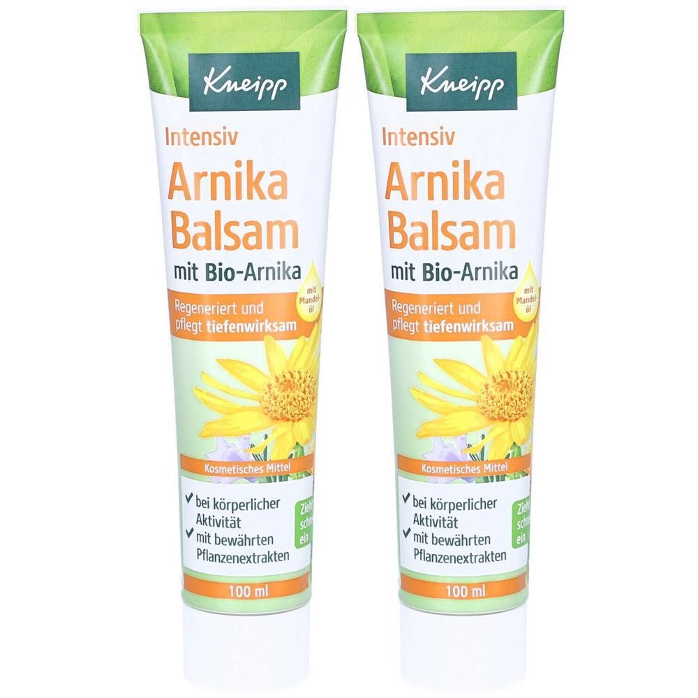 Zwei Tuben Balsam mit Aufschrift "Arnika Balsam mit Bio-Arnika". Grün-weißes Design mit Sonnenblumen-Illustration.