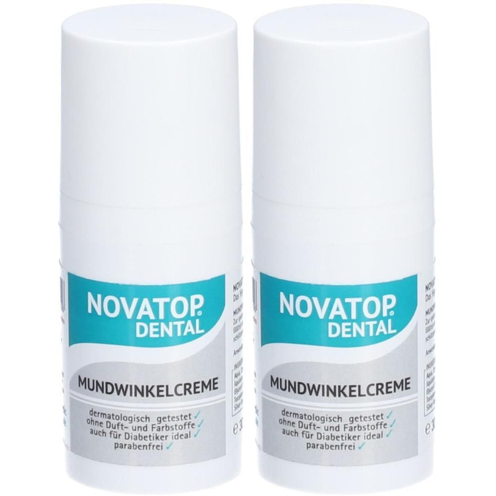 Zwei weiße Roll-on-Behälter. Aufschrift: NOVATOP DENTAL Mundwinkelcreme. Dermatologisch getestet, ohne Duft- und Farbstoffe, für Diabetiker.