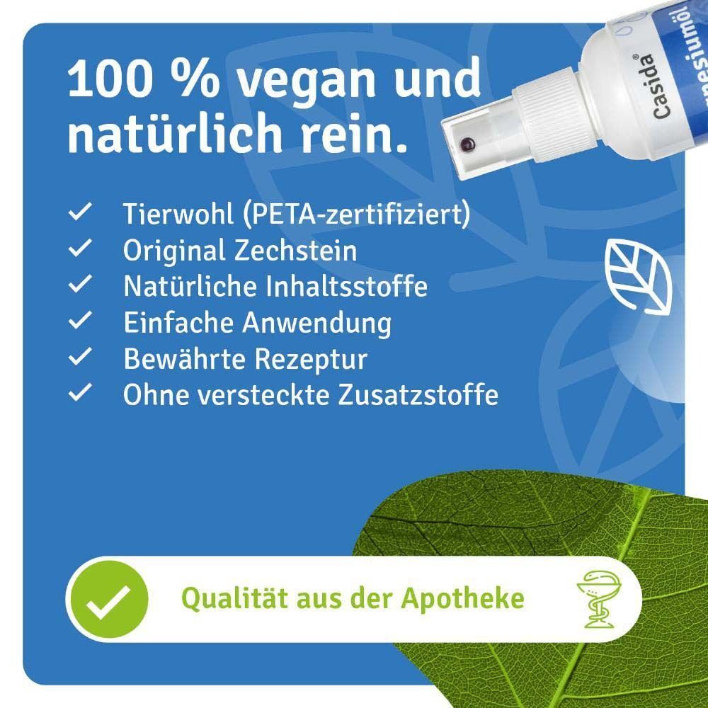 Weiße Sprühflasche mit blauem Etikett. Aufschrift: Magnesiumöl Vitalspray plus OptiMSM. Marke: Casida. Qualität aus der Apotheke.