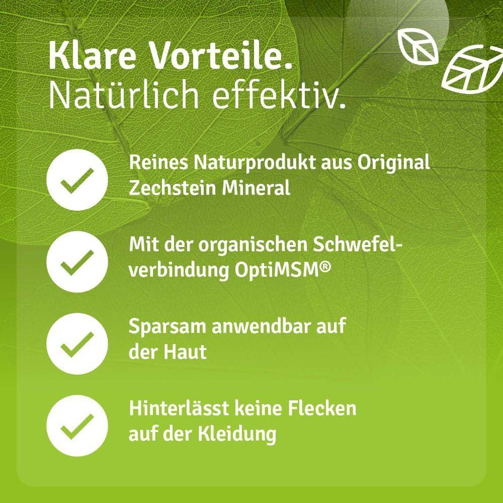 Vorteile: Reines Naturprodukt, mit OptiMSM, sparsam anwendbar, hinterlässt keine Flecken. Hintergrund: grüne Blätter.
