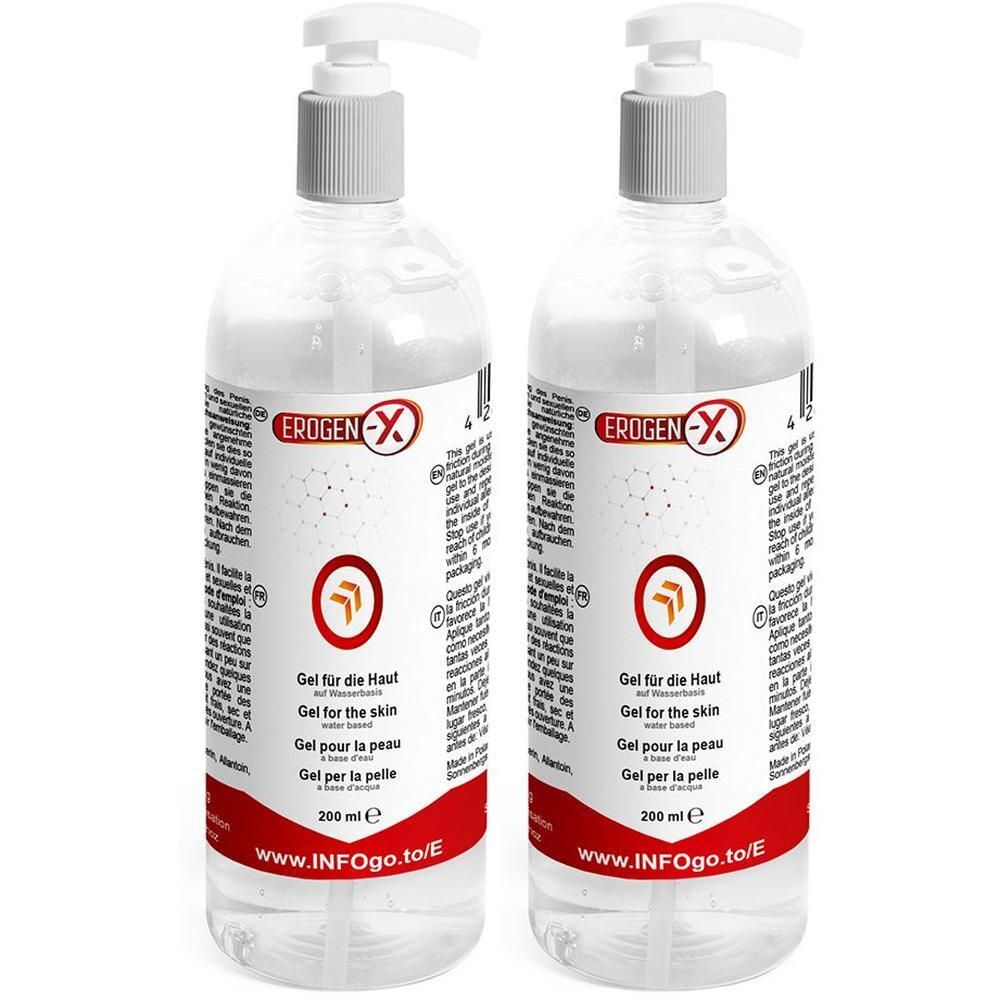 Zwei Flaschen Gel mit Pumpverschluss. Aufschrift: EROGEN-X, Gel für die Haut. Rote und weiße Etiketten. 200 ml.