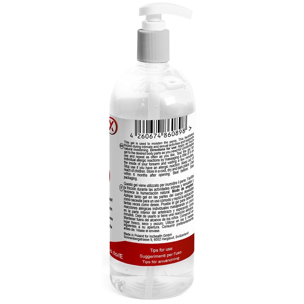 Eine Flasche Gel mit Pumpverschluss. Aufschrift: Gel für die Haut. Rotes und weißes Etikett. Barcode.