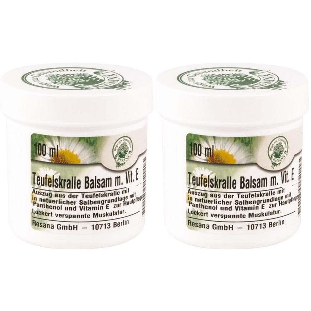 Zwei weiße Tiegel mit Deckel. Aufkleber mit Produktinformationen: Teufelskralle Balsam m. Vit. E. Resana GmbH.