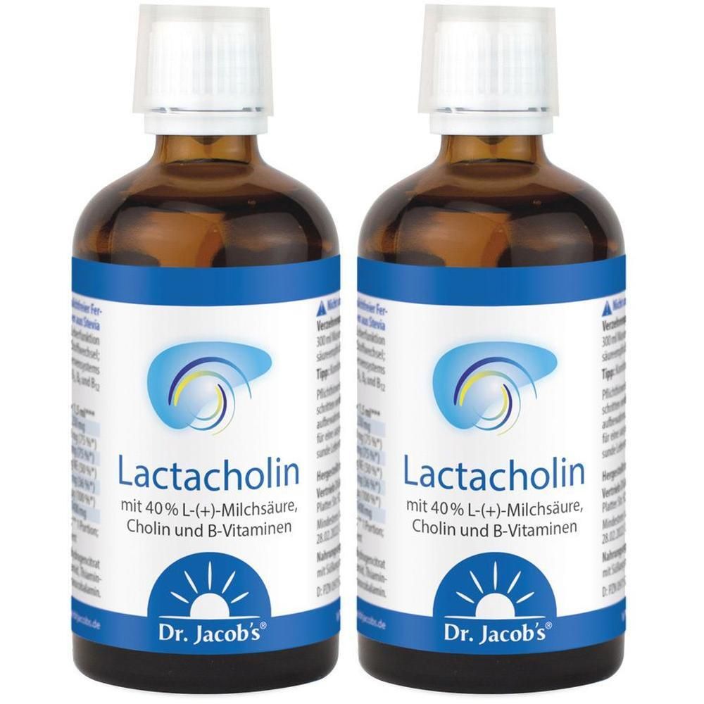 Zwei Flaschen Lactacholin mit Etikett. Braune Glasflaschen mit weißem Deckel und blauem Etikett. Aufschrift: Lactacholin, Dr. Jacob's.