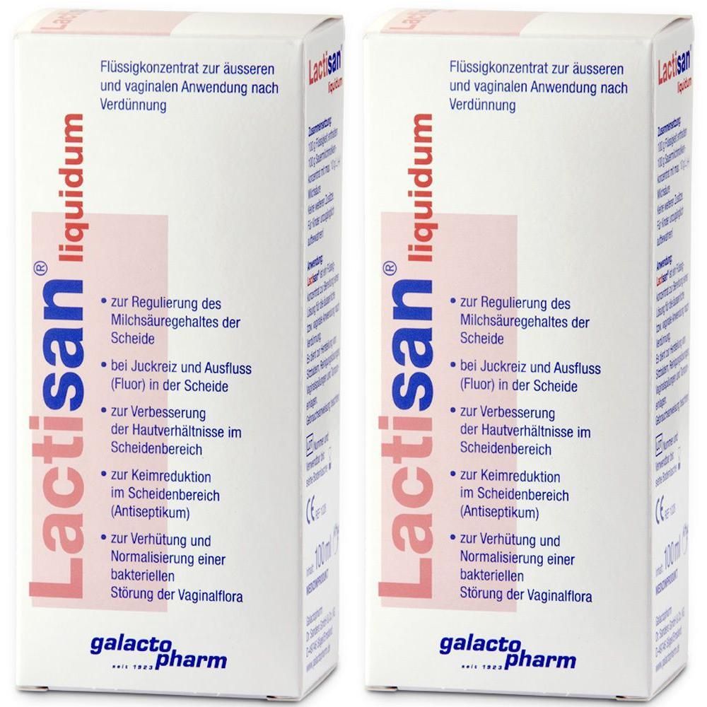 Zwei rechteckige Faltschachteln. Aufschrift: Lactisan liquidum. Text in deutscher Sprache. Logo: galacto pharm.