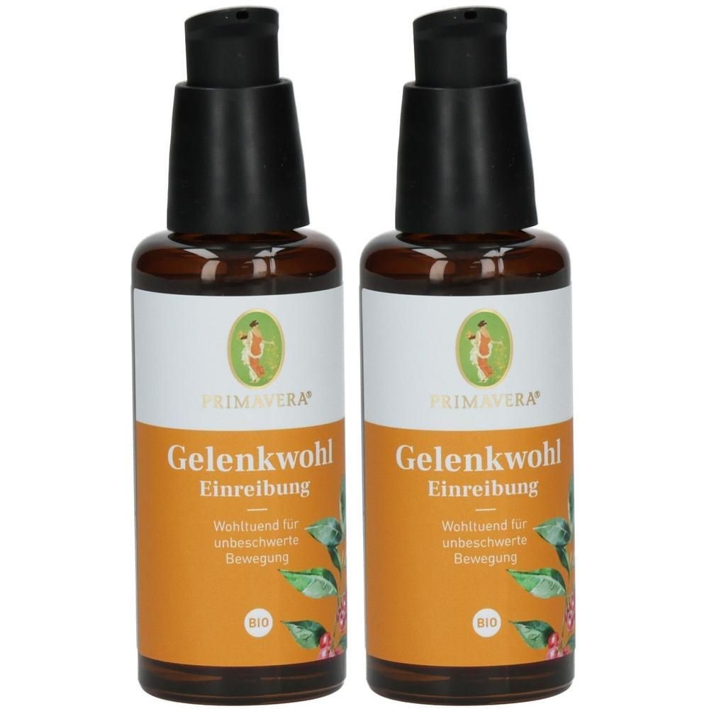 Zwei braune Flaschen mit schwarzen Pumpaufsätzen. Auf den Etiketten steht "Gelenkwohl Einreibung" und "BIO". Das Logo zeigt eine Person.