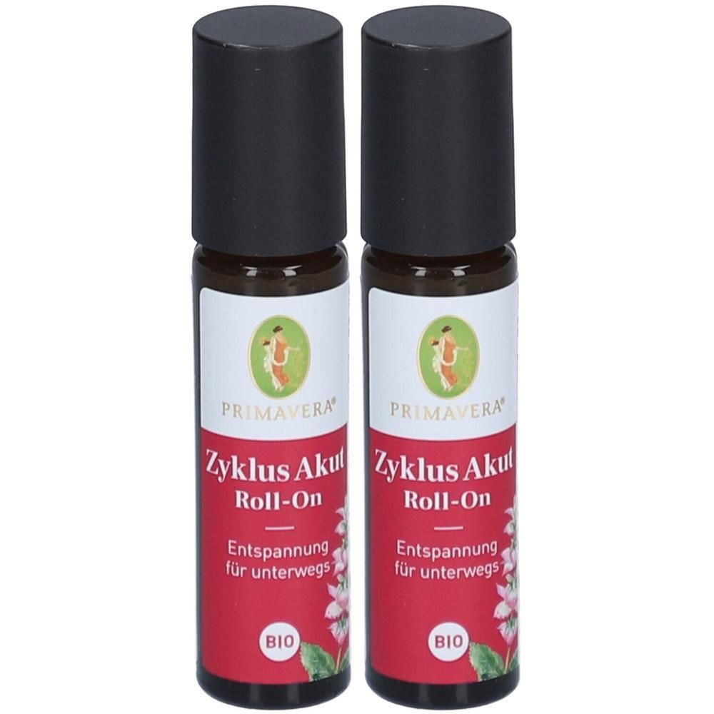 Zwei Roll-on-Flaschen mit schwarzen Deckeln. Auf den Etiketten steht "Zyklus Akut Roll-On" und "BIO". Die Marke ist Primavera.