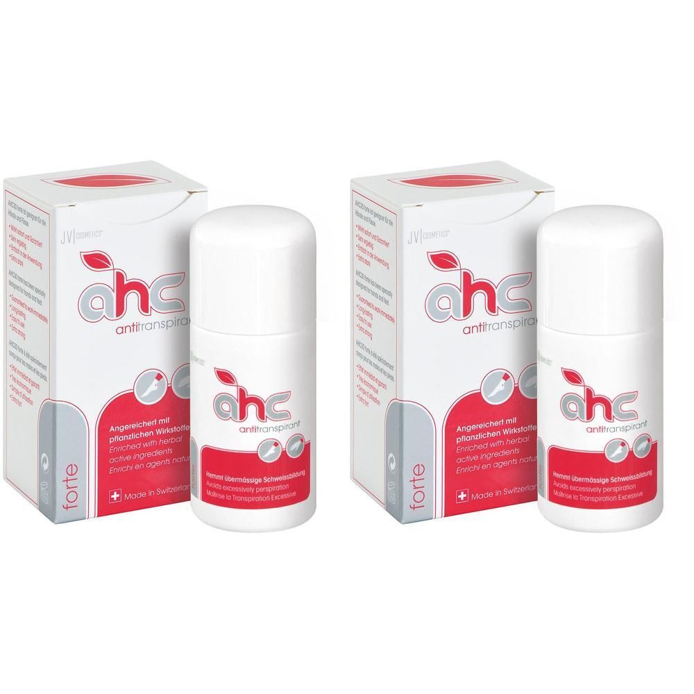 Zwei weiße Roll-ons und Verpackungen. Auf den Verpackungen und Roll-ons ist das Logo "ahc" und der Schriftzug "antitranspirant" zu sehen.