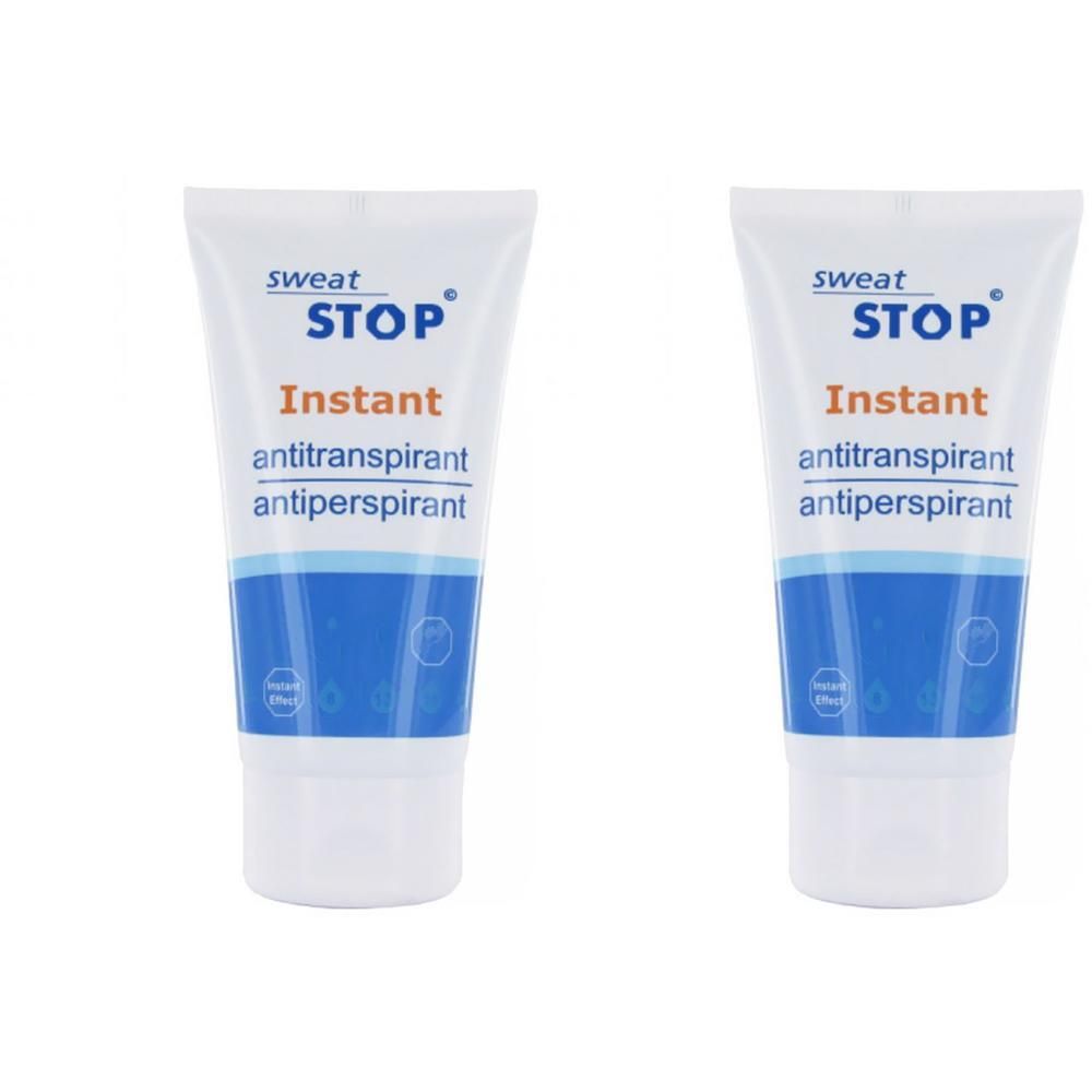 Zwei Tuben mit weißem Hintergrund. Auf jeder Tube steht "Sweat Stop Instant antitranspirant". Blaue und orangefarbene Schrift.