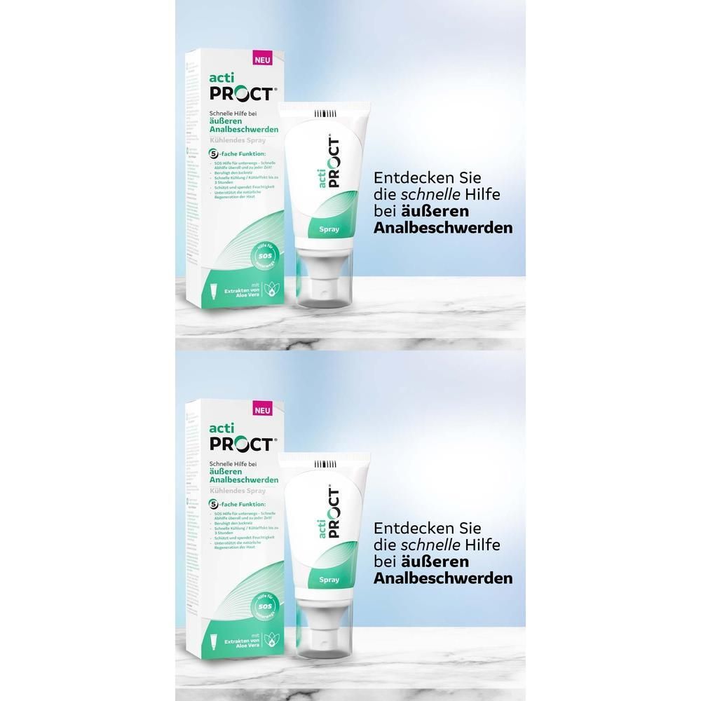 Zwei Packungen und eine Tube. Auf der Verpackung steht "acti PROCT". Die Tube hat einen Sprühkopf. Text: "Entdecken Sie die schnelle Hilfe bei äußeren Analbeschwerden".