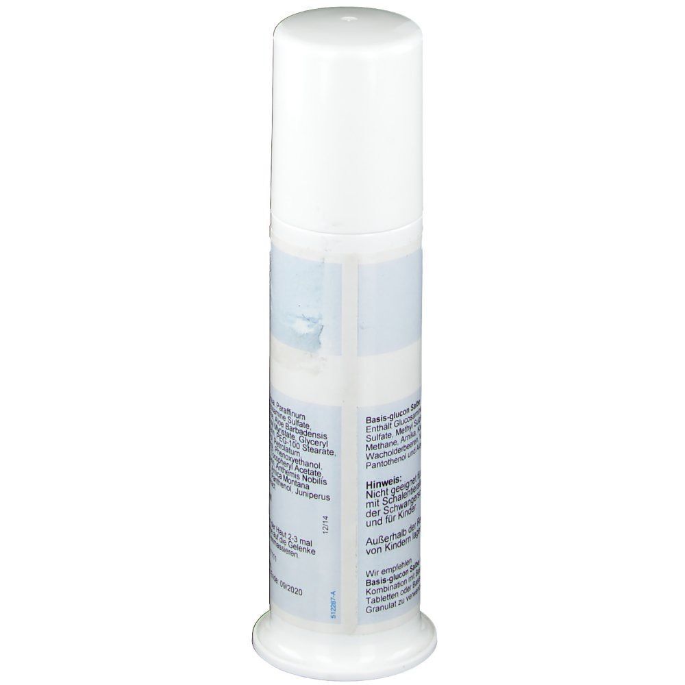 Weiße Flasche BASIS GLUCON Salbe. Aufschrift: SYNOmed, Basis-glucon Salbe. Warnhinweise und weitere Informationen.