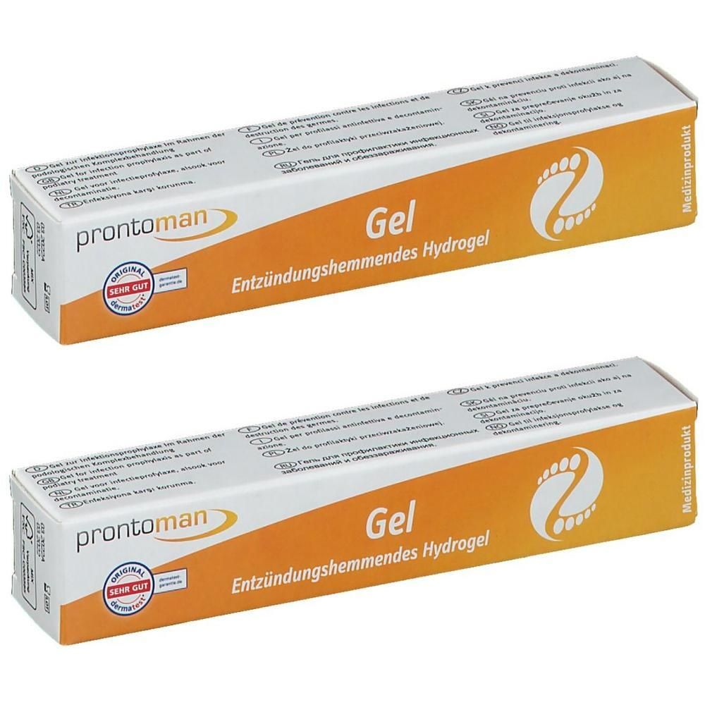 Zwei Schachteln mit "prontoman Gel". Weiße Schachteln mit orangefarbenen Akzenten und Produktbezeichnungen. Siegel "SEHR GUT".