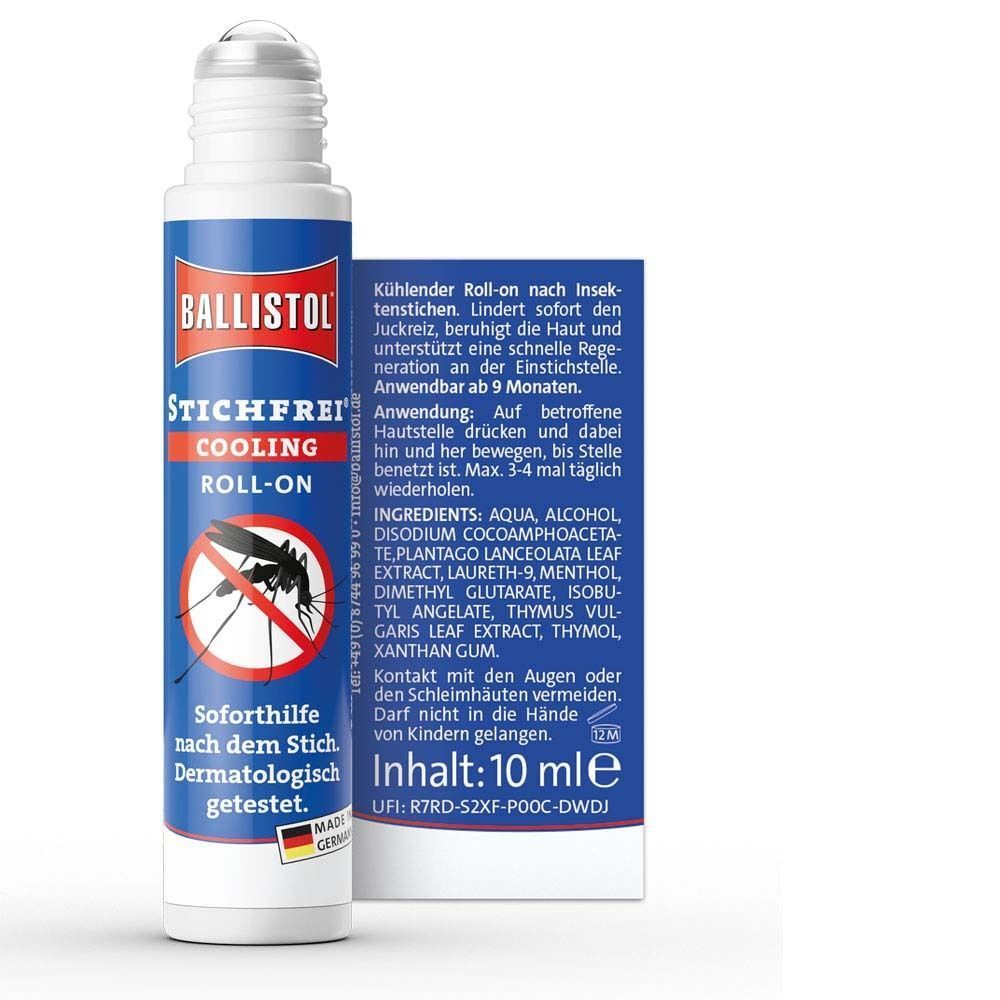 Roll-on-Flasche mit Produktname und Logo. Enthält Text über Anwendung und Inhaltsstoffe. 10 ml.
