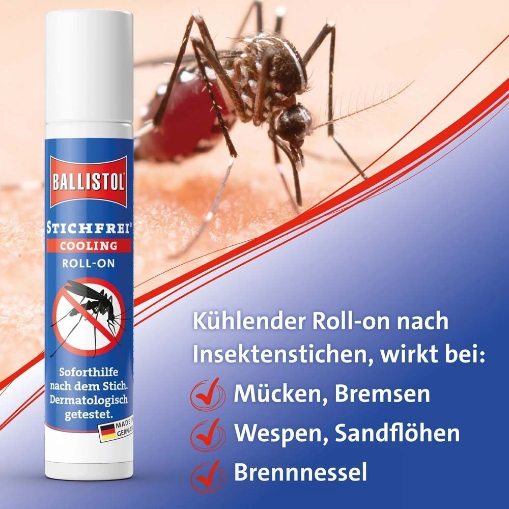 Roll-on-Flasche mit Produktname und Logo. Abbildung einer Mücke mit rotem Kreuz. Text über Wirkung.