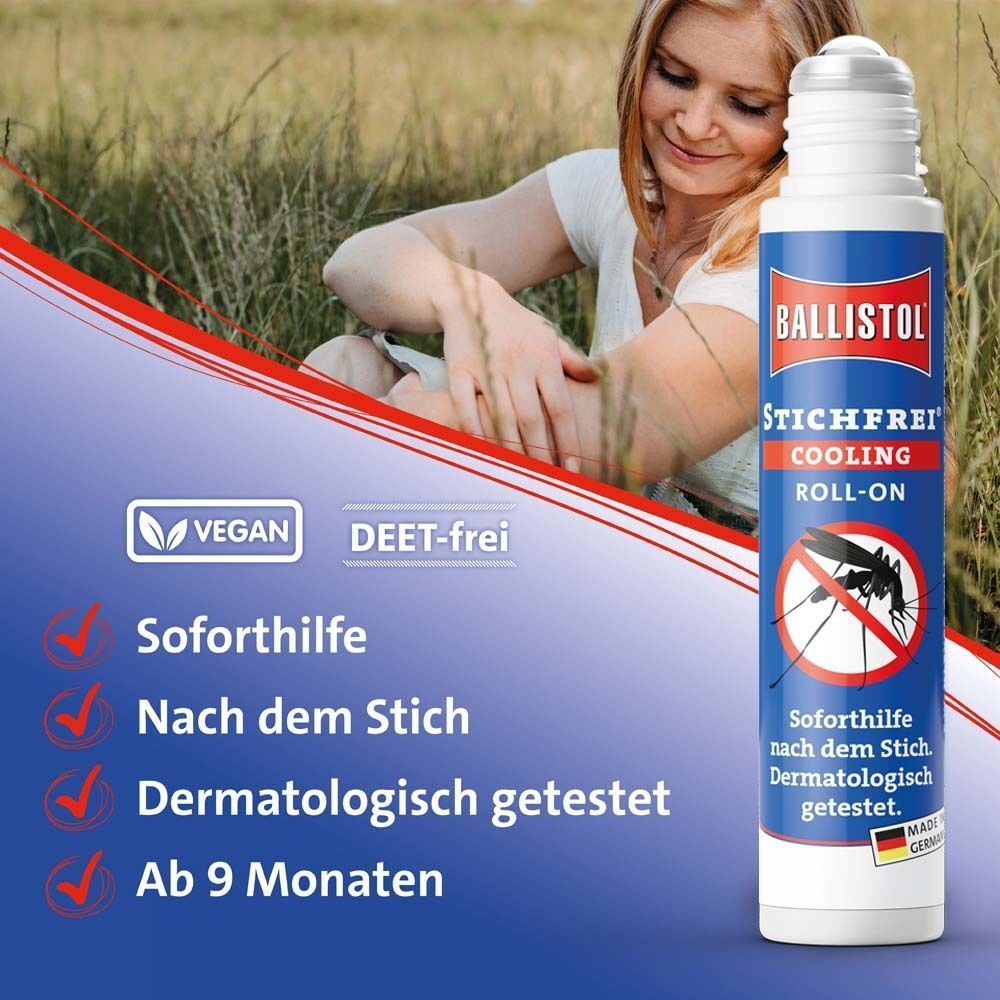 Roll-on-Flasche mit Produktname und Logo. Vegan und DEET-frei. Frau im Hintergrund. Dermatologisch getestet.