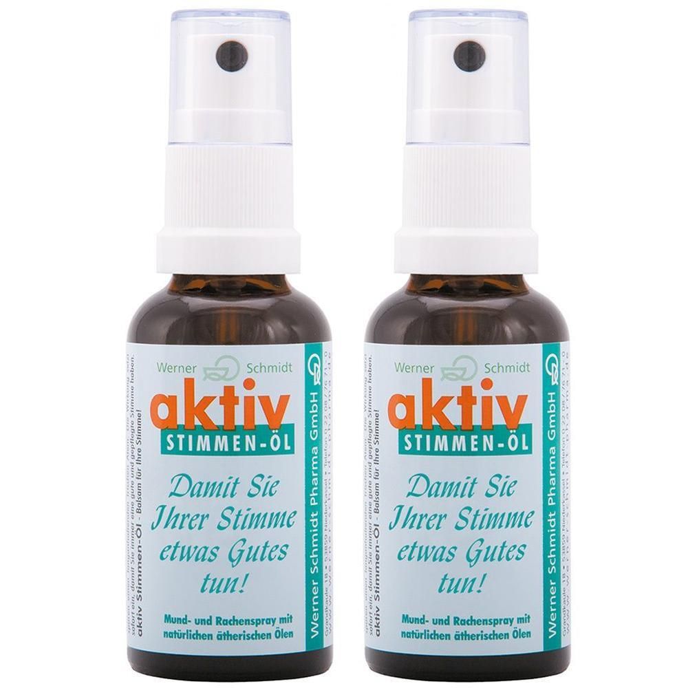 Zwei braune Glasflaschen mit weißem Sprühkopf. Aufschrift: aktiv STIMMEN-ÖL. Mund- und Rachenspray mit natürlichen ätherischen Ölen.
