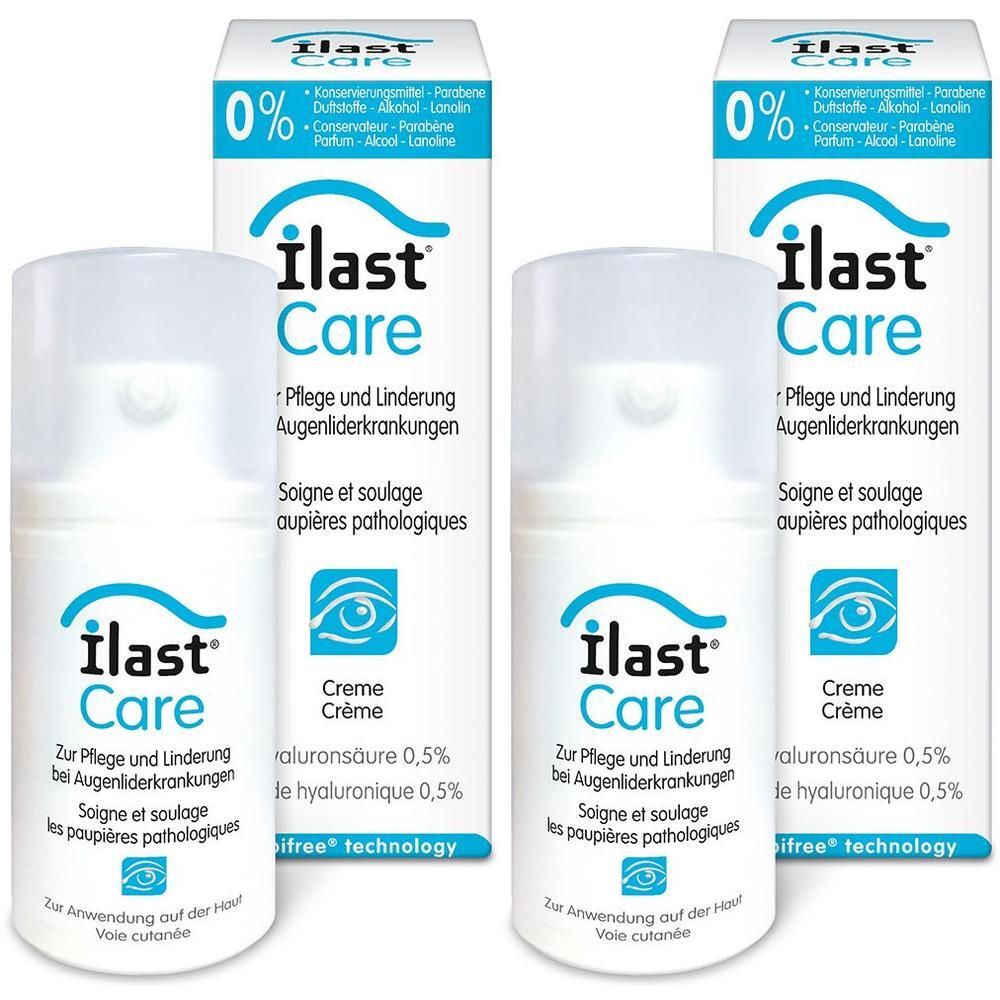 Zwei Cremes und Verpackungen. Aufschrift: ilast Care, Augenlid-Pflege. Weiße Flaschen mit blauem Schriftzug. Verpackung mit 0% Kennzeichnung.
